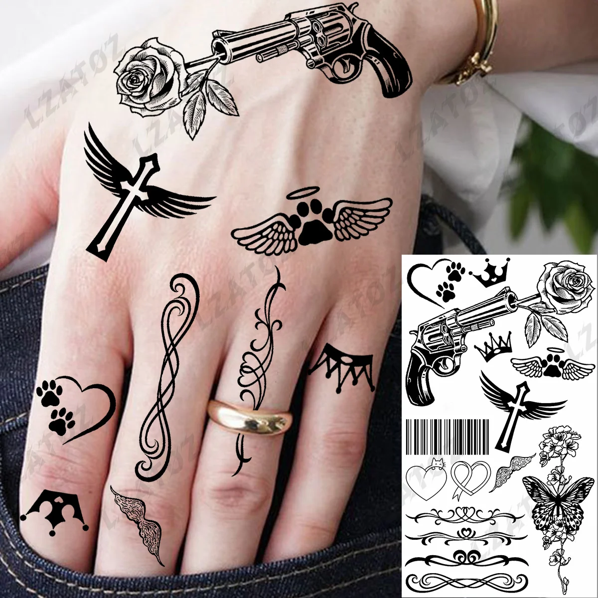 3D Gun Flower Temporary Tattoos For Woman Adults Realistic Cross Wings Infinity Fake Tatoos Small Finger Washable Tattoo Sticker
3D Gun Flower Temporary Tattoos For Woman Adults Realistic Cross Wings Infinity Fake Tatoos Small Finger Washable Tattoo Sticker