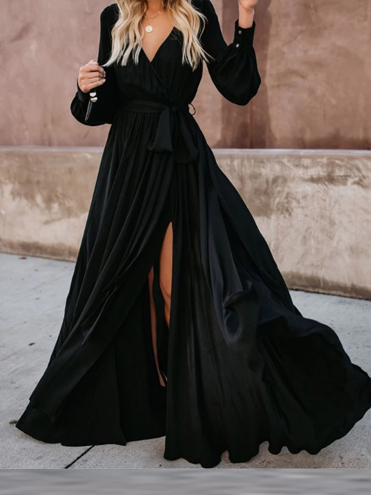 2022 Vintage Solid Long Sleeve Big Hem Party Dress Lace-up Slim V-Neck Loose Dresses Spring Fashion Women Black Slit Maxi Dress
2022 Vintage Solid Long Sleeve Big Hem Party Dress Lace-up Slim V-Neck Loose Dresses Spring Fashion Women Black Slit Maxi Dress