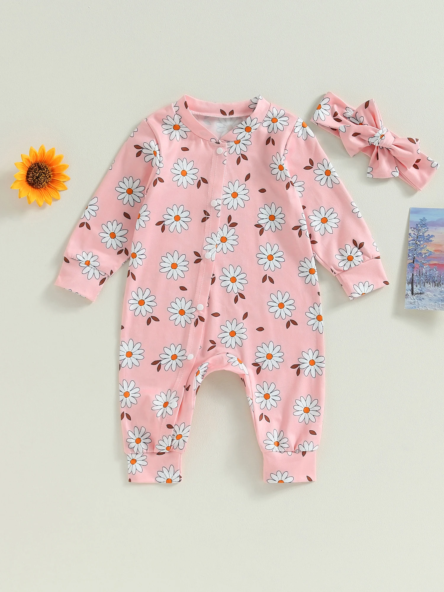 

Adorable Infant Girl Autumn Attire Floral Print Romper with Long Sleeves Crewneck Matching Headband - Perfect Newborn