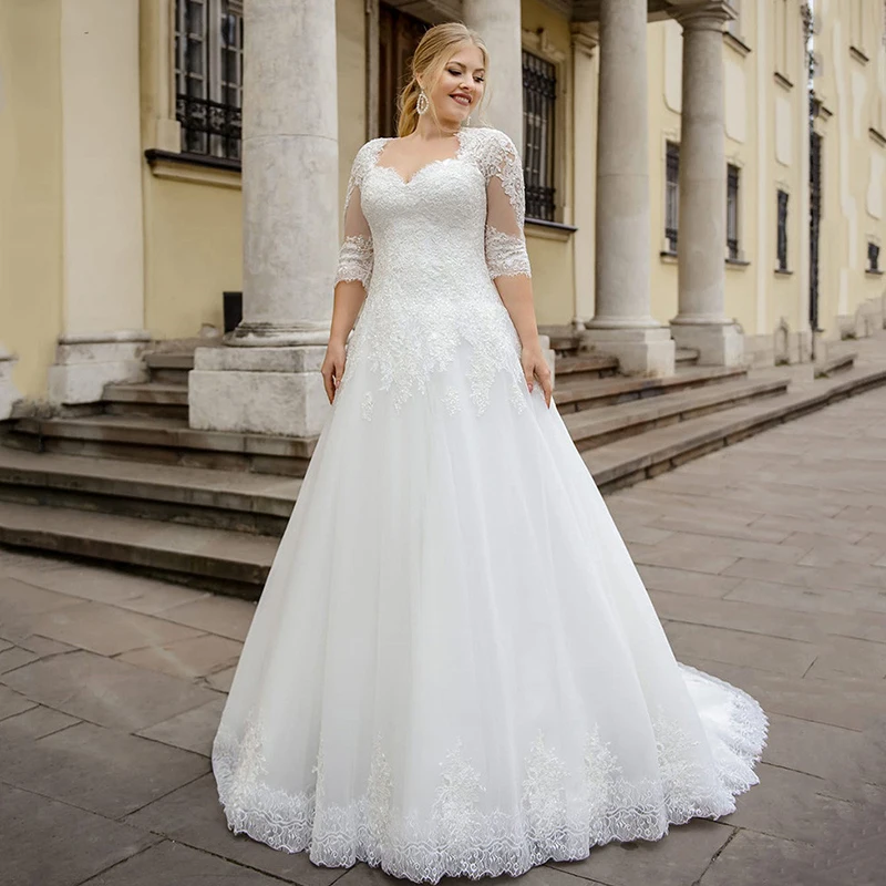 A-Line Plus Size Tulle Wedding Dress with Half Sleeves Lace Appliques Lace Up Back Bride Dress Custom Made 
A-Line Plus Size Tulle Wedding Dress with Half Sleeves Lace Appliques Lace Up Back Bride Dress Custom Made