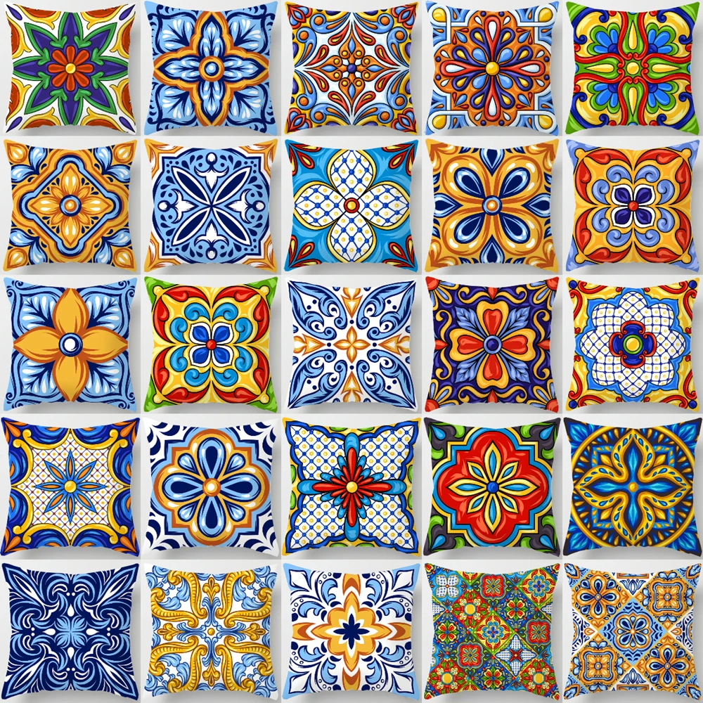 

Multicolor Ethnic Geometric Floral Cushion Case Vintage Blue Porcelain Print Sofa Throw Pillows Case Home Decor Pillowcase