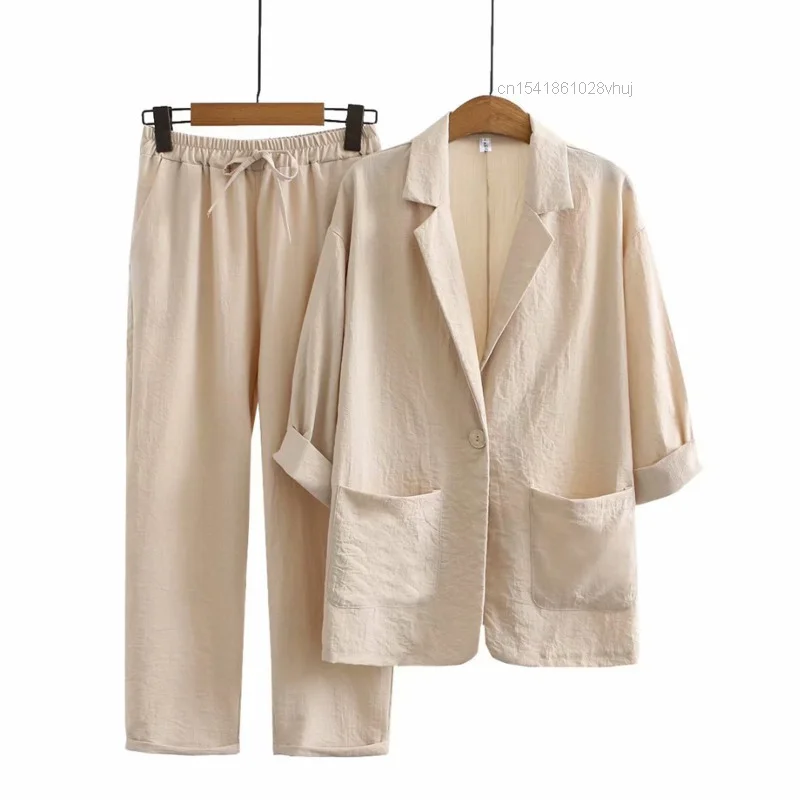 Summer New Fashion Clothes Casual Half Sleeve Shirt Cotton Linen Oversize Top + Pants Two-piece Set For Women Elegant Suits Lady
Summer New Fashion Clothes Casual Half Sleeve Shirt Cotton Linen Oversize Top + Pants Two-piece Set For Women Elegant Suits Lady