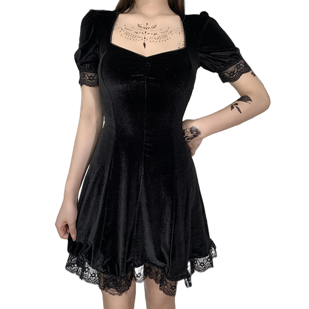 Women Dress Goth Sexy Lace Stitching velvet Elegant Dress High Waist Short Sleeve A Line Suede Short Dress Korean Style Dresses
Women Dress Goth Sexy Lace Stitching velvet Elegant Dress High Waist Short Sleeve A Line Suede Short Dress Korean Style Dresses
