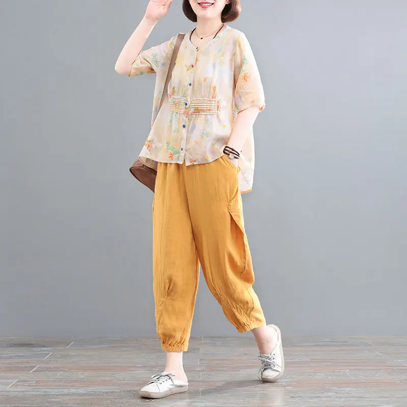 Women 2022 Summer Fashion Large Size Suits Female Loose Casual Print Tops + High Waist Harem Pants Ladies Two-piece Sets Y113
Women 2022 Summer Fashion Large Size Suits Female Loose Casual Print Tops + High Waist Harem Pants Ladies Two-piece Sets Y113