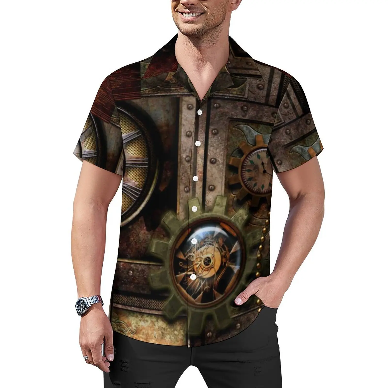 

Steampunk Design Casual Shirt Technology Edel Mechanical Beach Loose Shirt Hawaiian Aesthetic Blouses Short Sleeve Oversized Top