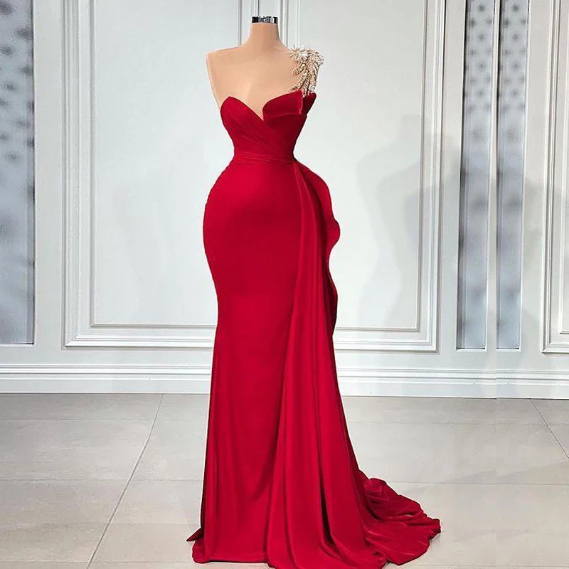 Red One Shoulder Mermaid Evening Dresses Bead Satin Formal Gown Draped Sweetheart Sweep Train Celebrity Wears
Red One Shoulder Mermaid Evening Dresses Bead Satin Formal Gown Draped Sweetheart Sweep Train Celebrity Wears
