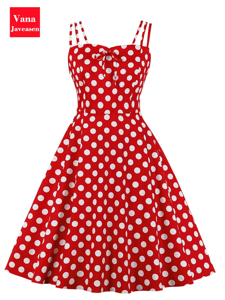 

Javeasen Retro Style Polka Dot Bow Front Spaghetti Strap Party Swing Dresses Women 2022 Summer Shirred Back Vintage Cotton Dress