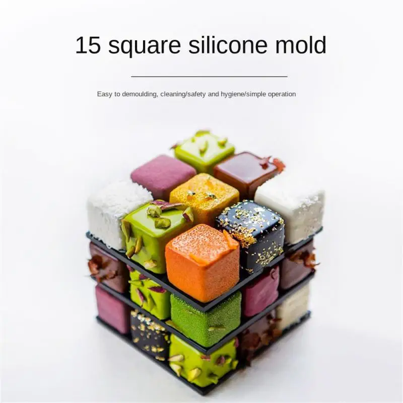 

Multifunctional Square Ice Cube Mold Silicone Cake Mold 15 Pieces Mousse Dessert Jelly Pudding Ice Soap Candy Mold For Kitchen