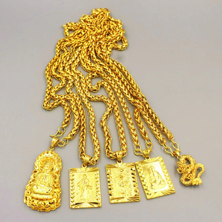 

24K Gold Plated 50cm Chains Necklace for Men Big Gold Necklaces Buddha Chinese Dragon Totem Pendant Necklace Jewelry Gifts