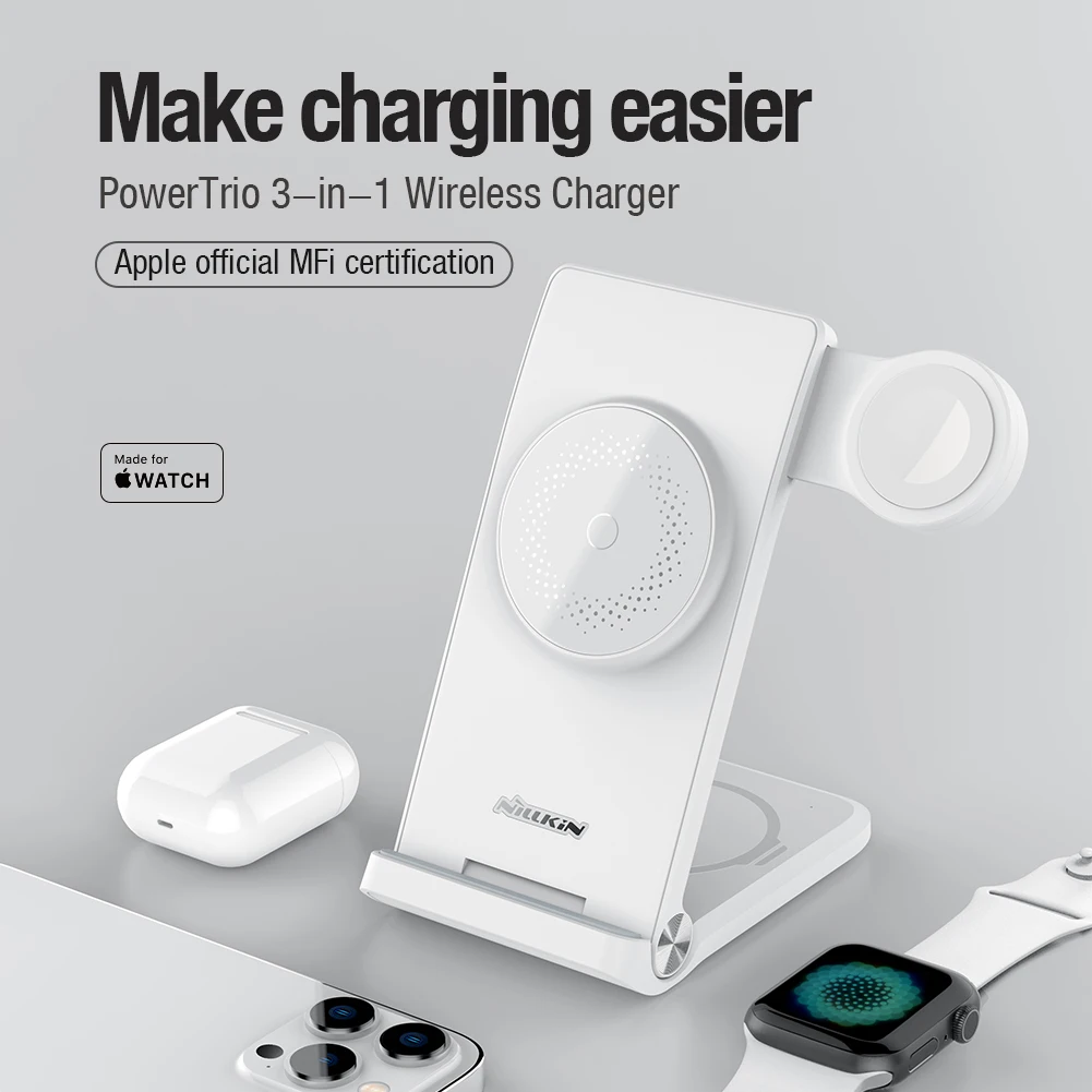 Nillkin 3-in-1 MagSafe Wireless Magnetic Charger Stand for iPhone 14 13,for Earphone, for Apple Watch MFI Charging
Nillkin 3-in-1 MagSafe Wireless Magnetic Charger Stand for iPhone 14 13,for Earphone, for Apple Watch MFI Charging
