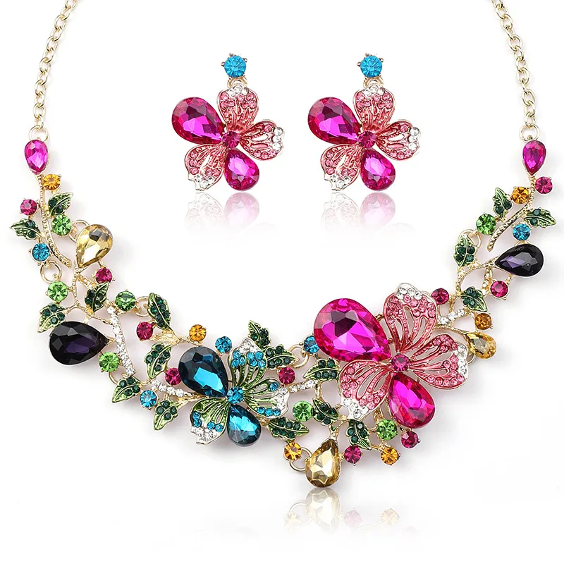 

Colorful Flower European and American Style Necklace Set Women's Light Luxury Gorgeous Bridal Necklace Painted Oil Gem