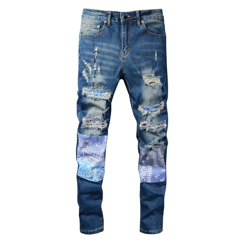 

Men Paisley Bandana Print Patch Jeans Streetwear Holes Ripped Distressed Stretch Denim Pants Slim Skinny Tapered Trousers