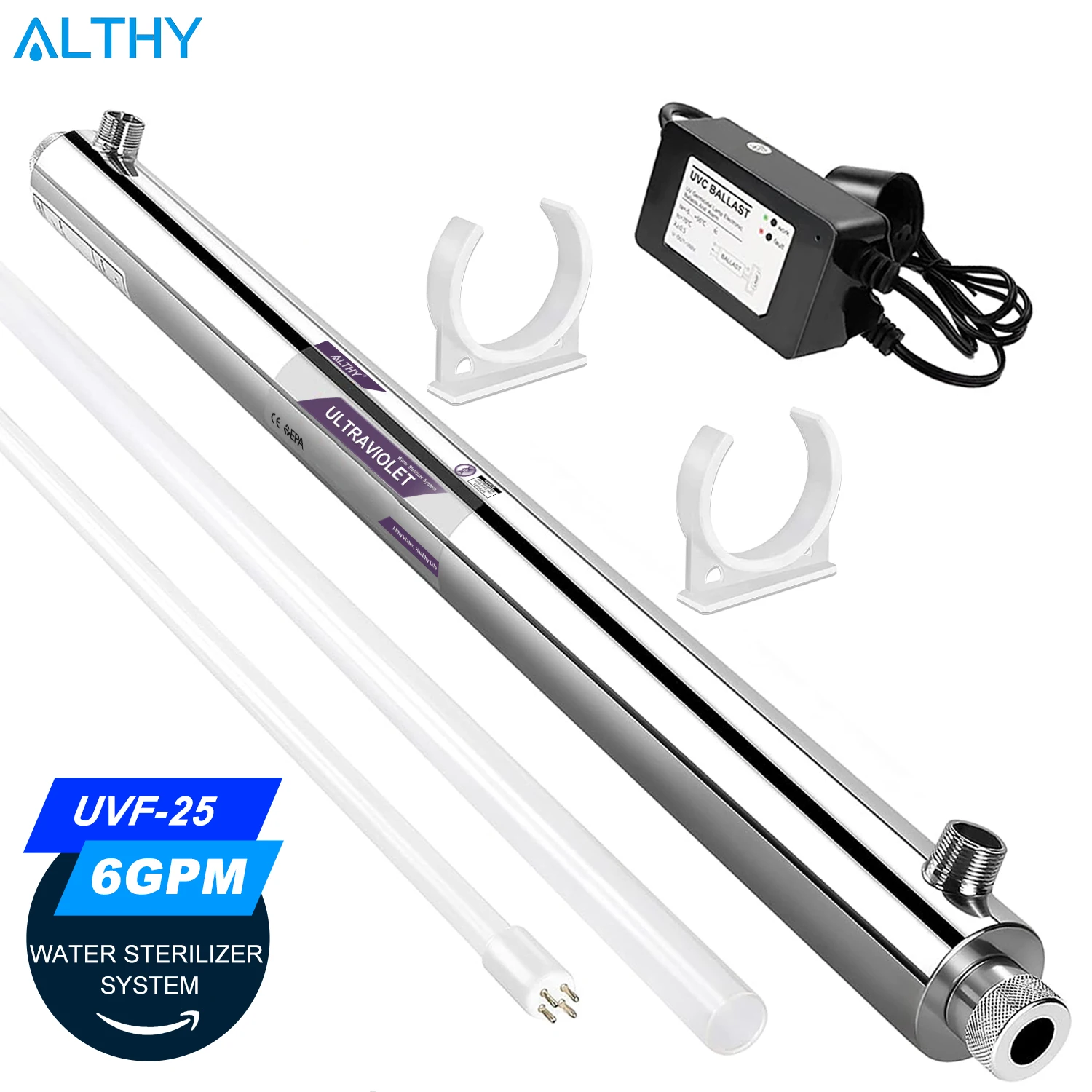 

ALTHY Ultraviolet UV Water Sterilizer Treatment for Kitchen/ Cafe Filter Purifier System - 6GPM 25W Lamp Tube - Stainless Steel