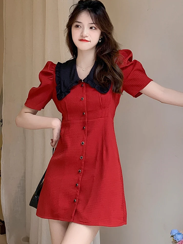Women Red Short Sleeve Ruffled Doll Collar Mini Dress Summer Elegant Casaul Single Breasted Dress 2023 Korean Vintage Prom Dress 
Women Red Short Sleeve Ruffled Doll Collar Mini Dress Summer Elegant Casaul Single Breasted Dress 2023 Korean Vintage Prom Dress