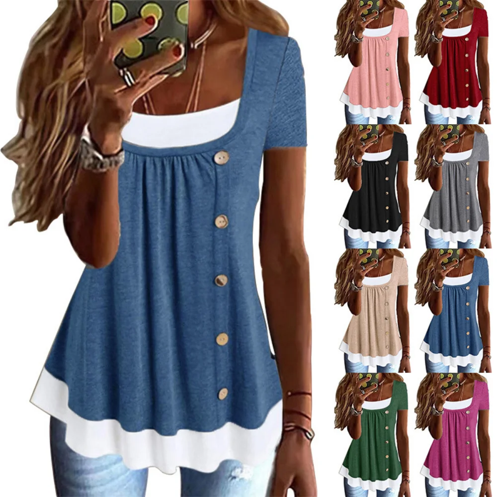 Fake 2-piece short sleeved T-shirt for women 2023 summer new round neck loose pleated button solid color elegant street clothing
Fake 2-piece short sleeved T-shirt for women 2023 summer new round neck loose pleated button solid color elegant street clothing