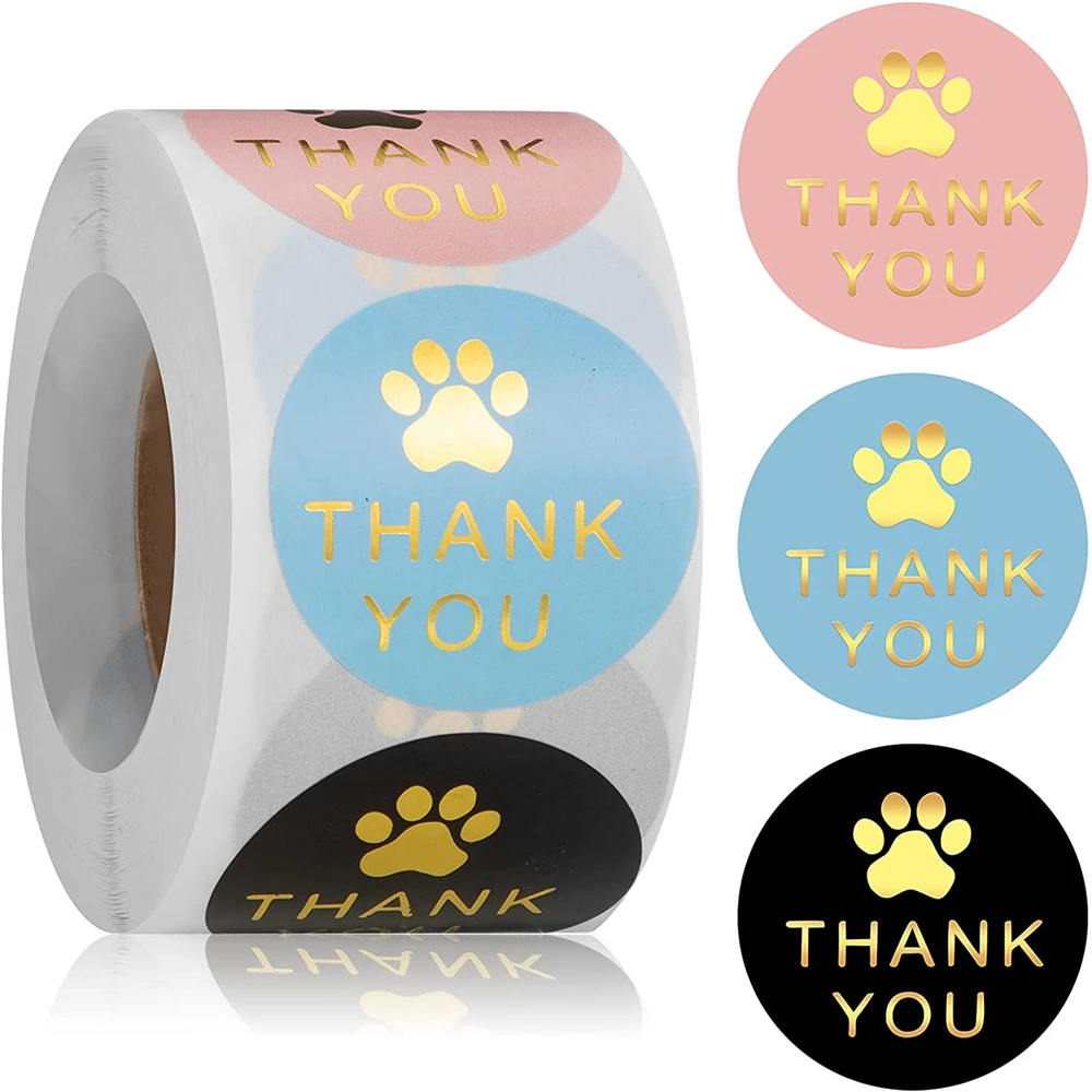 100-500pcs Paw Print Thank You Sticker Pink Gold Foil Self-Adhesive Seal Labels for Gift Bag Box Decoration 1.5inch Cute - купить по