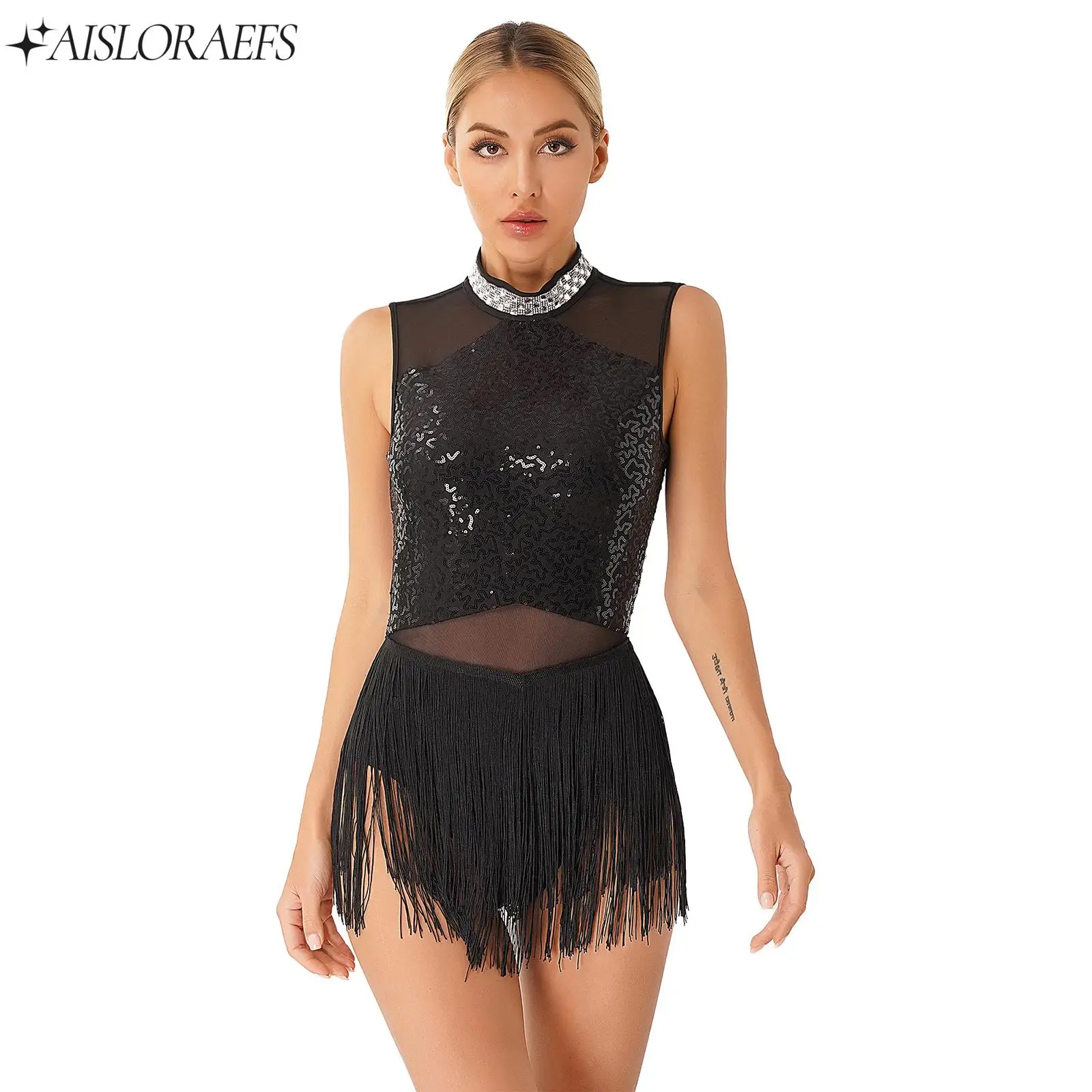Womens Glittery Rhinestone Latin Tango Cha-Cha Rumba Samba Performance Costume Fringed Leotard Sequined Dance Dress
Womens Glittery Rhinestone Latin Tango Cha-Cha Rumba Samba Performance Costume Fringed Leotard Sequined Dance Dress