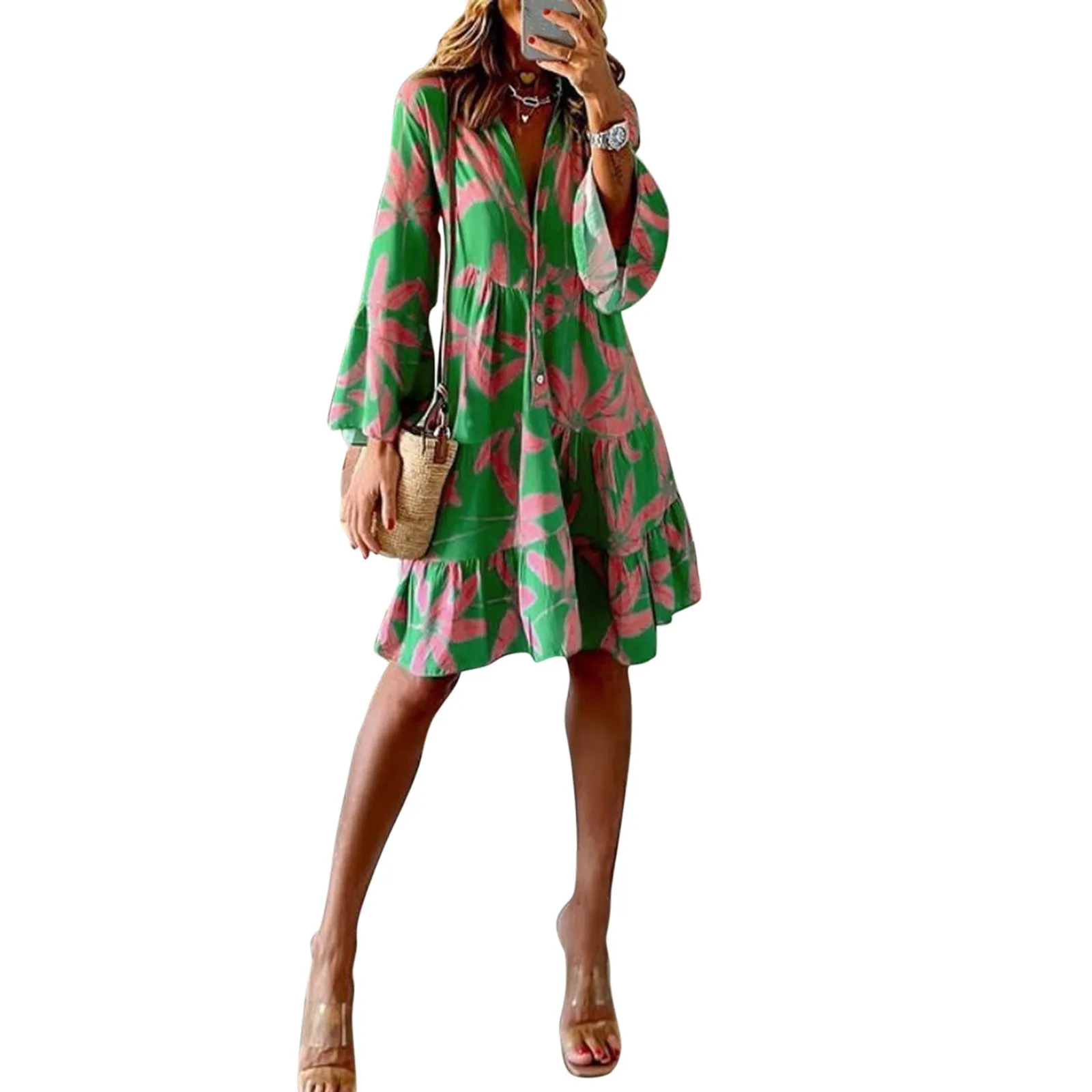 Women Tunic Dress Flowers Printing Long Sleeve Casual Loose V Neck Button Up Pleated Knee Length V Neck Dress for Women Summer
Women Tunic Dress Flowers Printing Long Sleeve Casual Loose V Neck Button Up Pleated Knee Length V Neck Dress for Women Summer