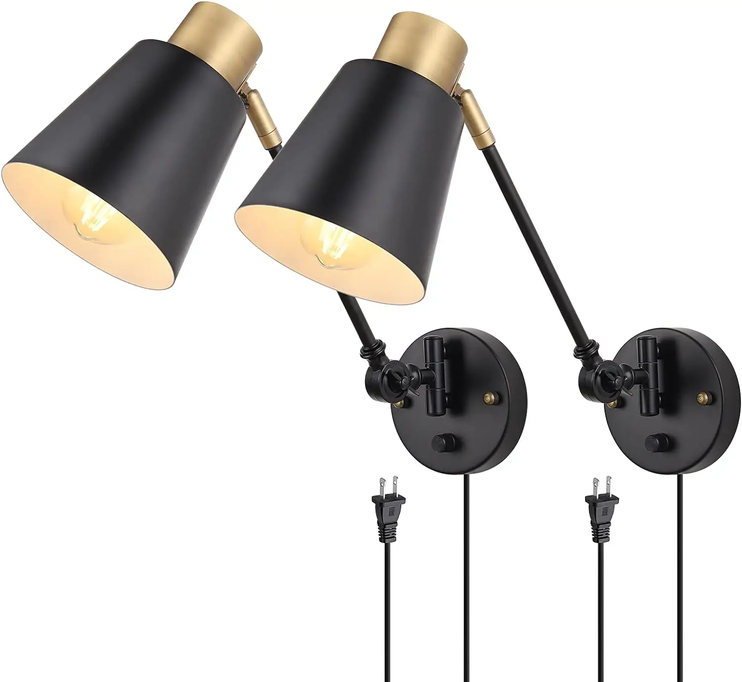 

Lamp with Plug in Cord, Plug in Sconces Set of Two, Swing Arm Sconces Lighting with On Off Switch, Metal Black Brass Industri