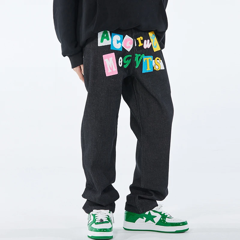 Towel Colorful Letter Embroidery Ripped Washed Denim Trousers for Men and Women Hip Hop Casual Oversized Black White Jeans Pants
Towel Colorful Letter Embroidery Ripped Washed Denim Trousers for Men and Women Hip Hop Casual Oversized Black White Jeans Pants