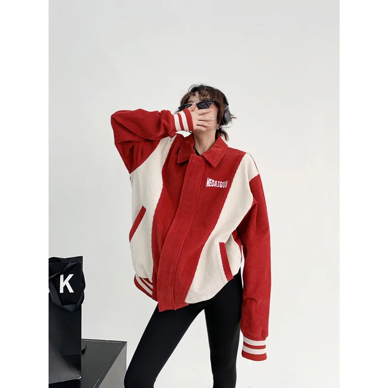 

Женская Вельветовая бейсбольная куртка-униформа, американская уличная винтажная куртка-поло с воротником, мешковатая красная Осенняя верхняя одежда с длинным рукавом и молнией