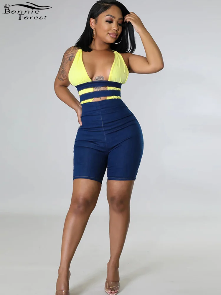 Bonnie Forest New Fashion Deep V Neck Cut-Out Denim Romper Summer Womens Patchwork Workout Overalls Jumpsuits Sexy Clubwear
Bonnie Forest New Fashion Deep V Neck Cut-Out Denim Romper Summer Womens Patchwork Workout Overalls Jumpsuits Sexy Clubwear