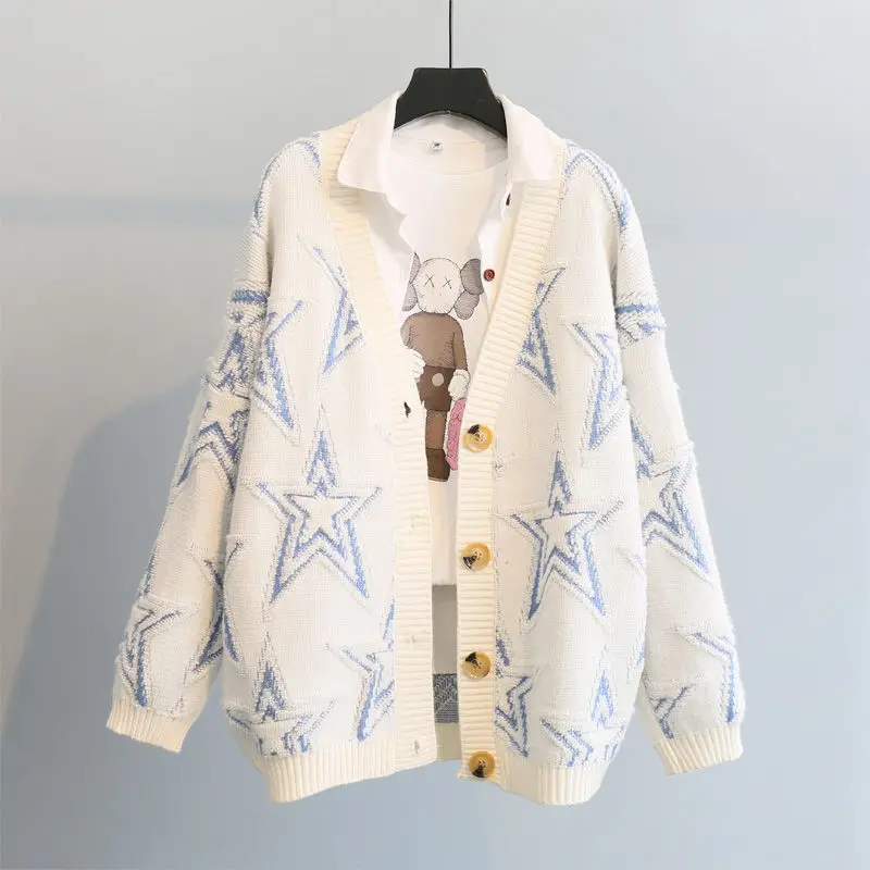 Knitted cardigan sweater coat women's autumn/winter 2022 new Korean style loose embroidered five-pointed star mid-length top
Knitted cardigan sweater coat women's autumn/winter 2022 new Korean style loose embroidered five-pointed star mid-length top