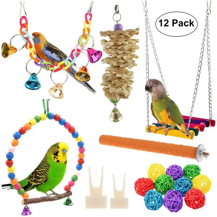 

Combination Bird Toys Set Swing Chewing gnaw Small Parrot Hanging Hammock Parrot Cage Bell Perch Toys with Ladder Toys 12pcs