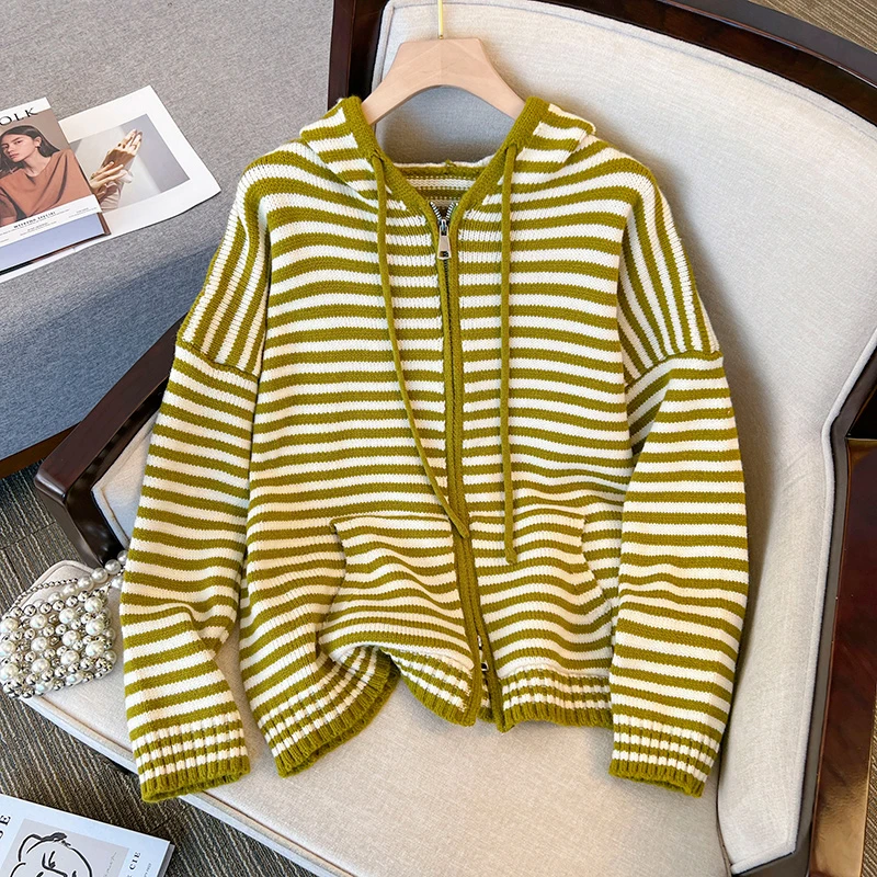 Green Stripes Hooded Knit Cardigan Woman Autumn Winter Korean Fashion Loose Casual Sweater Zipper Coat Oversized Long Sleeve Top
Green Stripes Hooded Knit Cardigan Woman Autumn Winter Korean Fashion Loose Casual Sweater Zipper Coat Oversized Long Sleeve Top