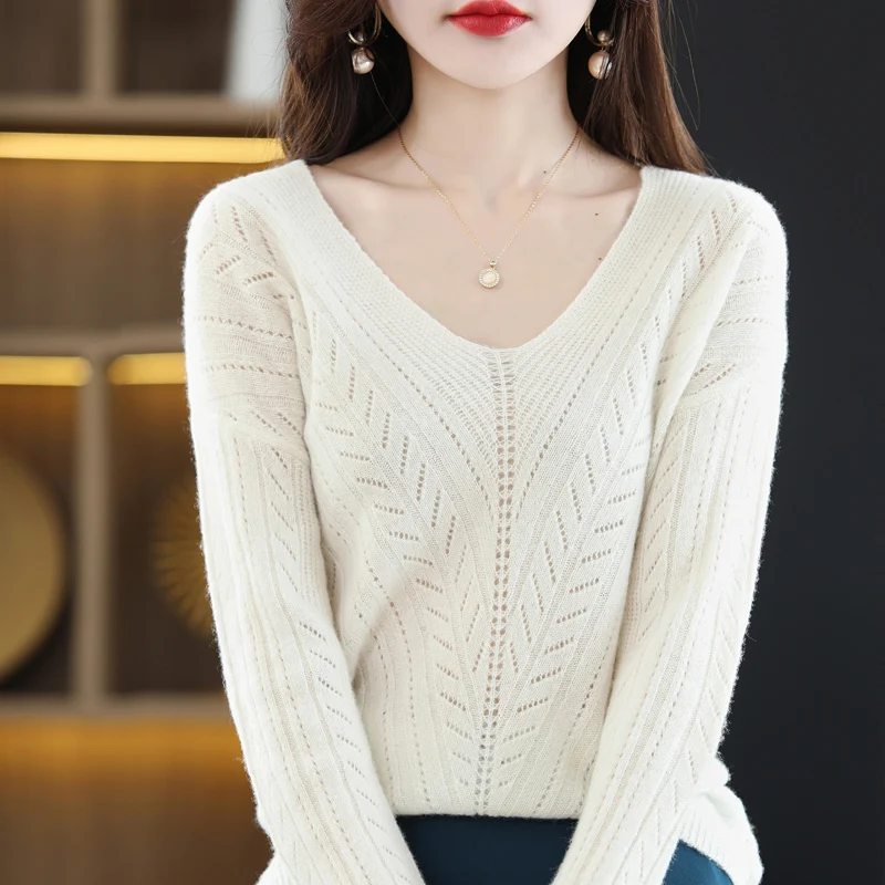 Spring Autumn Women Sweaters Sexy Hollow Coats V-Neck Long Sleeve Female Pullover 100% Wool Knitted Tops Jumper Blouse Clothing
Spring Autumn Women Sweaters Sexy Hollow Coats V-Neck Long Sleeve Female Pullover 100% Wool Knitted Tops Jumper Blouse Clothing