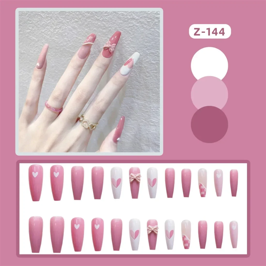 

24p Artificial Acrylic Nail Art Fake Nails Full Coverage Removable Press On Nails White Love Long Ballet Pink Bow False Nail set