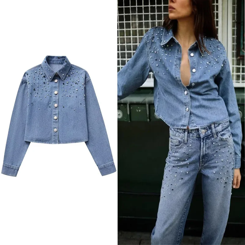

TRAF Womne Jewel Cropped Denim Shirt Autumn Blue Casual Slim Blouses Vintage Lapel Long Sleeve Button-up Female Shirts Chic Tops