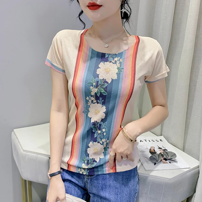 2023 New Summer European Clothes Casual T-Shirt Chic Sexy O-Neck Print Flower Women Tops Short Sleeve Bottoming Shirt Tees 32115
2023 New Summer European Clothes Casual T-Shirt Chic Sexy O-Neck Print Flower Women Tops Short Sleeve Bottoming Shirt Tees 32115