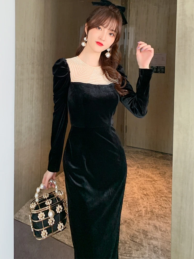 Spring Winter Women Evening Dresses Vintage Elegant Black Velvet Beading Long Sleeve Slim Midi Robe Femme Party Banquet Vestidos
Spring Winter Women Evening Dresses Vintage Elegant Black Velvet Beading Long Sleeve Slim Midi Robe Femme Party Banquet Vestidos