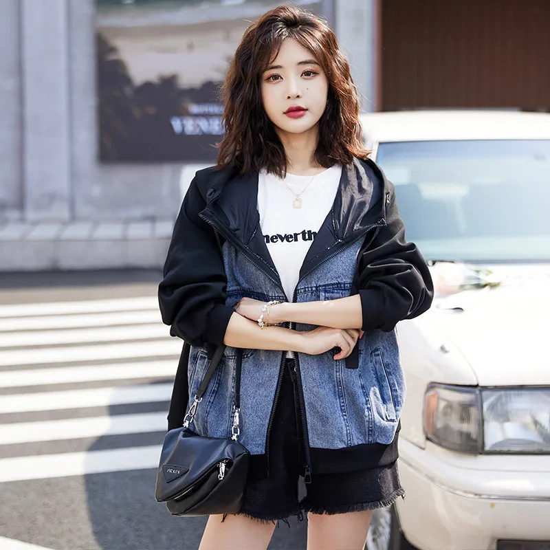 2023 Spring Autumn Cowboy Splicing Hooded Women Outwear Zipper Long Sleeve Baseball Jacket Female Basic Coat Casual Streetwear
2023 Spring Autumn Cowboy Splicing Hooded Women Outwear Zipper Long Sleeve Baseball Jacket Female Basic Coat Casual Streetwear