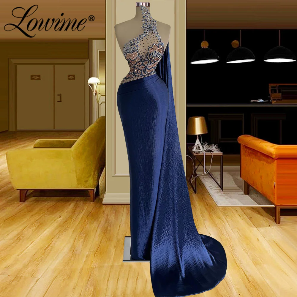 

Lowime Navy Blue Long Party Dresses Illusion Beading Crystals Arabic Evening Gowns 2022 Customize Mermaid Prom Dress For Wedding