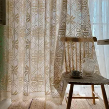Green Eco-friendly Cotton Thread Crochet Weave Finished Curtains American Hollowed Lace Tulle Curtains For Living Room Bedroom