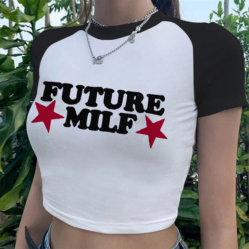 Y2K Vintage Tshirt Women's Crop T-shirt Future Milf Star Letter Print Female T Shirt American Retro Fashion Raglan Sleeves Tees
Y2K Vintage Tshirt Women's Crop T-shirt Future Milf Star Letter Print Female T Shirt American Retro Fashion Raglan Sleeves Tees