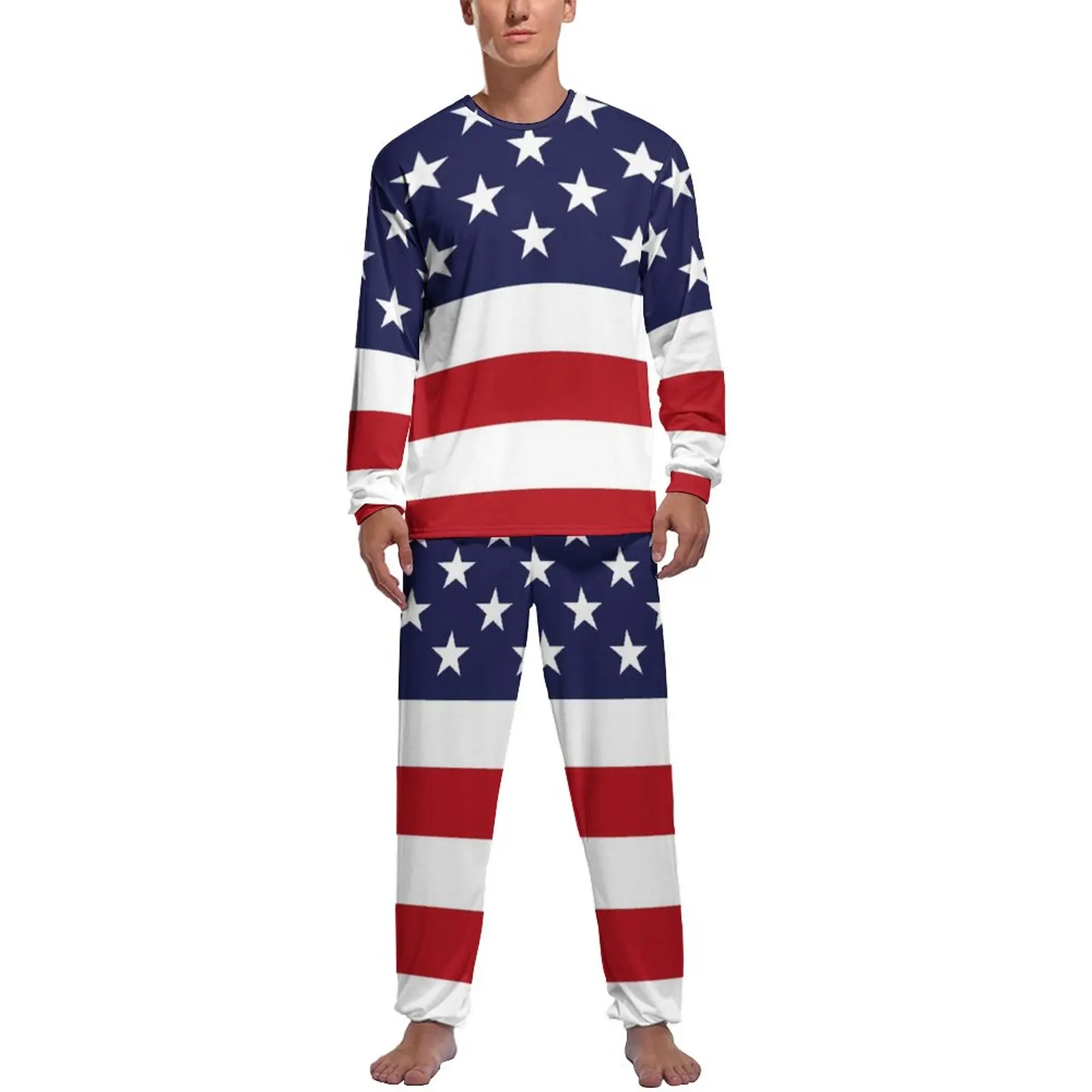 

USA Flag Print Pajamas Men American Stars And Stripes Warm Sleepwear Daily Long Sleeves 2 Pieces Casual Custom Pajama Sets
