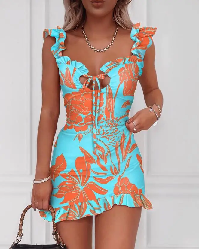 Dresses for Women 2023 Summer Sexy Sleeveless Sweetheart Neck Plants Print Tied Detail Ruffle Hem Straight Mini Dress Vestidos
Dresses for Women 2023 Summer Sexy Sleeveless Sweetheart Neck Plants Print Tied Detail Ruffle Hem Straight Mini Dress Vestidos
