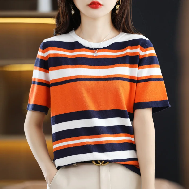 2022 Women 100%Cotton T-Shirt Knit Short-Sleeved Color-Blocking Thin Vest Summer O-Neck Loose Fashion Bottoming Shirt Female Top
2022 Women 100%Cotton T-Shirt Knit Short-Sleeved Color-Blocking Thin Vest Summer O-Neck Loose Fashion Bottoming Shirt Female Top