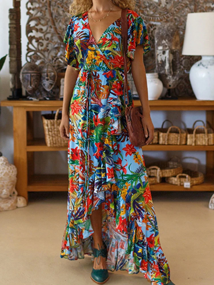 Summer Fashion Flower Print Boho Beach Dress Elegant V Neck Lady Ruffle Party Dress Women Casual Short Sleeve Tie-up Long Dress
Summer Fashion Flower Print Boho Beach Dress Elegant V Neck Lady Ruffle Party Dress Women Casual Short Sleeve Tie-up Long Dress