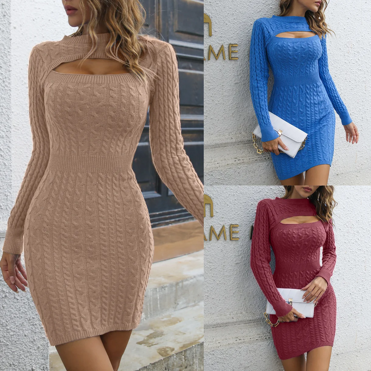 

Fall/Winter 2022 Fashion Openwork Twist Long Sleeve Sweater Dress Hip Wrapped Dress
