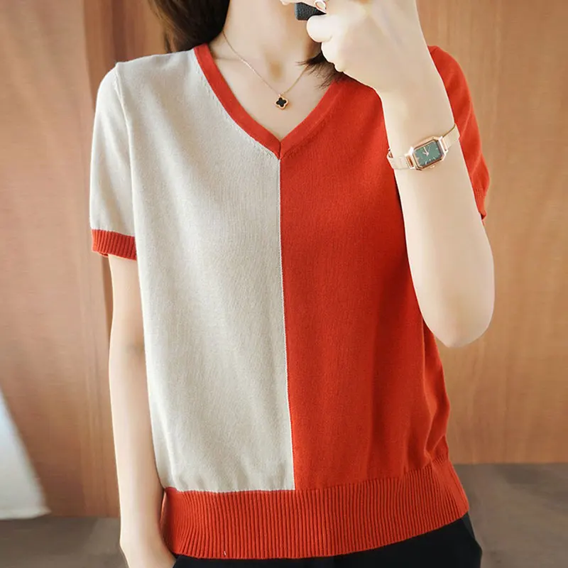 Tee Shirt Femme Knitted Tshirt Women Summer Thin V Neck Short Sleeve Korean Style Pactwrok Woman Tops T-shirt Camisetas De Mujer
Tee Shirt Femme Knitted Tshirt Women Summer Thin V Neck Short Sleeve Korean Style Pactwrok Woman Tops T-shirt Camisetas De Mujer