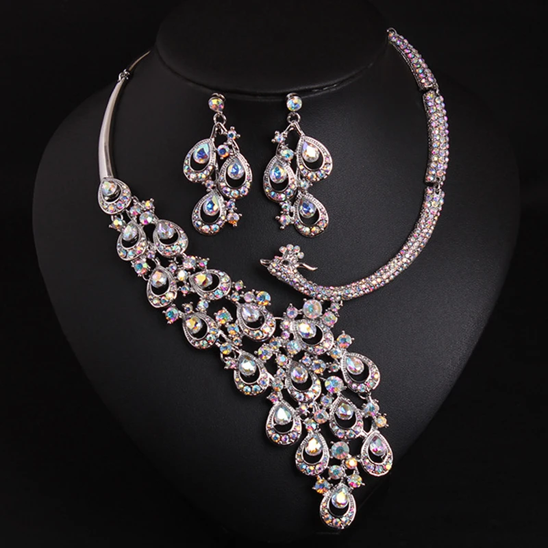 

African Nigeria Crystal Peacock Choker Women Statement Necklace Earrings Jewelry Set Bridal Wedding Party Chain Collars Gifts