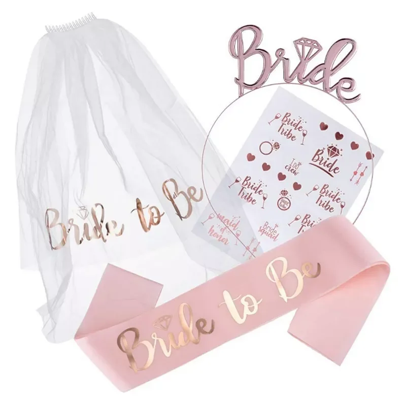 

1Set Bride To Be Veil Satin Sash Hiarband Bridal Shower Wedding Decorations Tattoo Stickers Hen Bachelorette Party Supplies