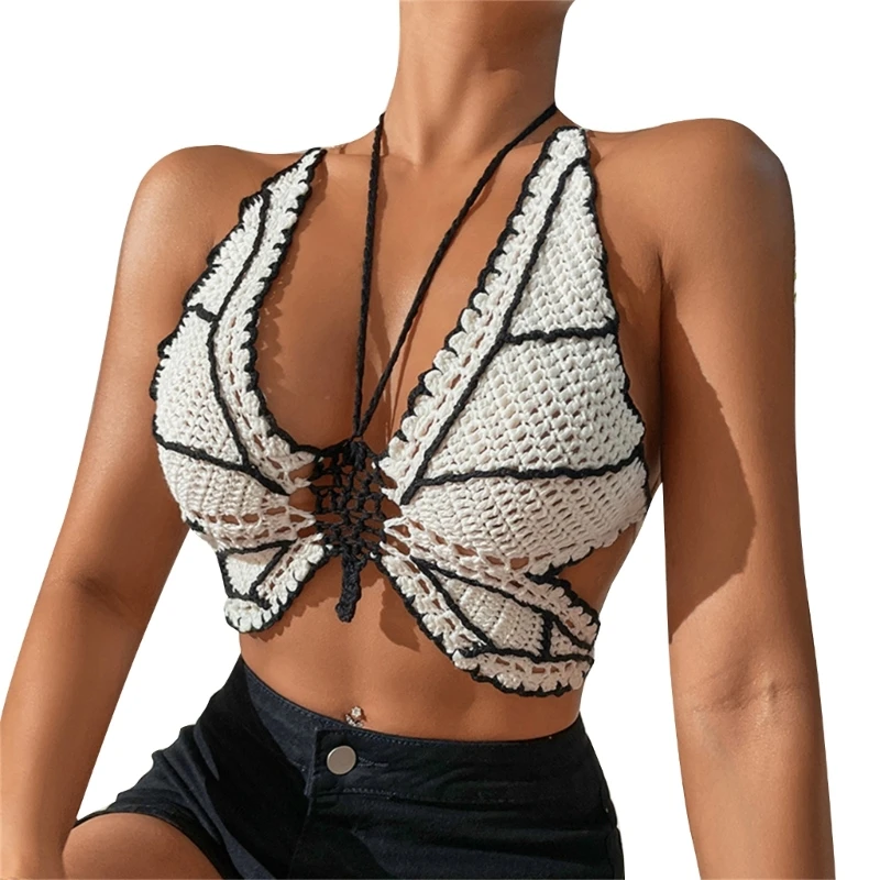 Womens Summer Sexy Halter V-Neck Camisole Butterfly-Shape Crop Top Crochet Knit Crisscross Backless Beach Bikinis Bras
Womens Summer Sexy Halter V-Neck Camisole Butterfly-Shape Crop Top Crochet Knit Crisscross Backless Beach Bikinis Bras