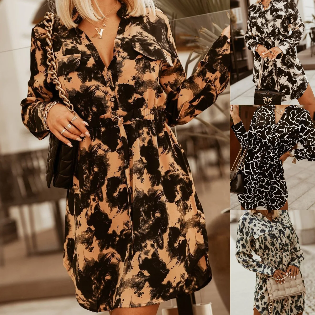 Autumn and winter casual women's waist belt long-sleeved printed shirt dress women
Autumn and winter casual women's waist belt long-sleeved printed shirt dress women