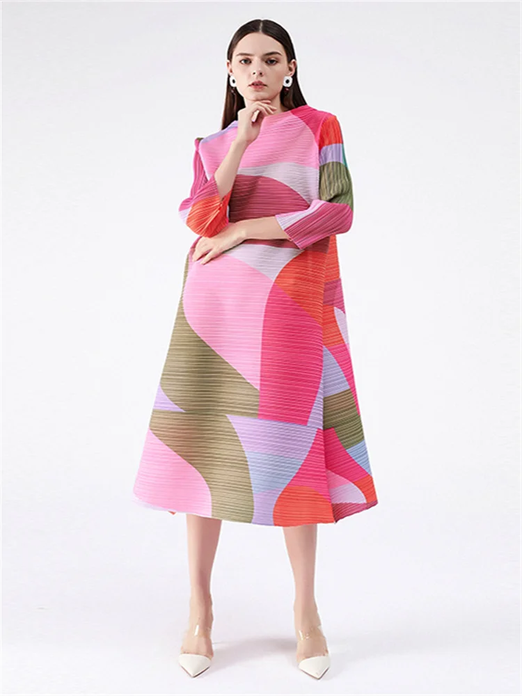 

Miyake Pleated Dress Women 2022 Hit Color Geometric With Belt Sashes Over Size Long Sweet Casual New Spring Fashion Tide