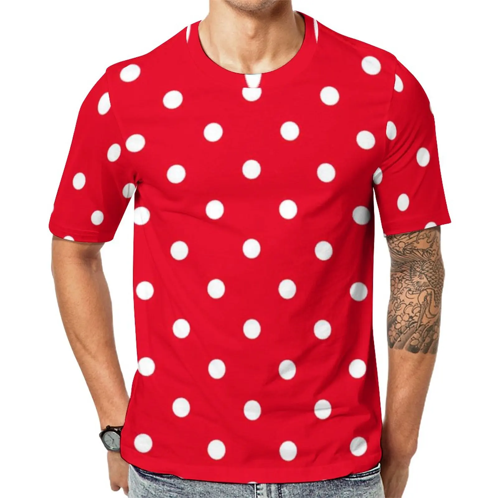 

Red with White Polka Dots T-Shirt Polka Dot Spotted Circles Man Harajuku T-Shirts Design Tee Shirt Streetwear Oversized Tops